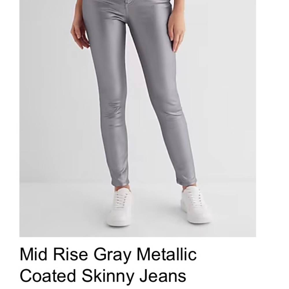Express Mid Rise Grey Metallic Coated Skinny Jeans